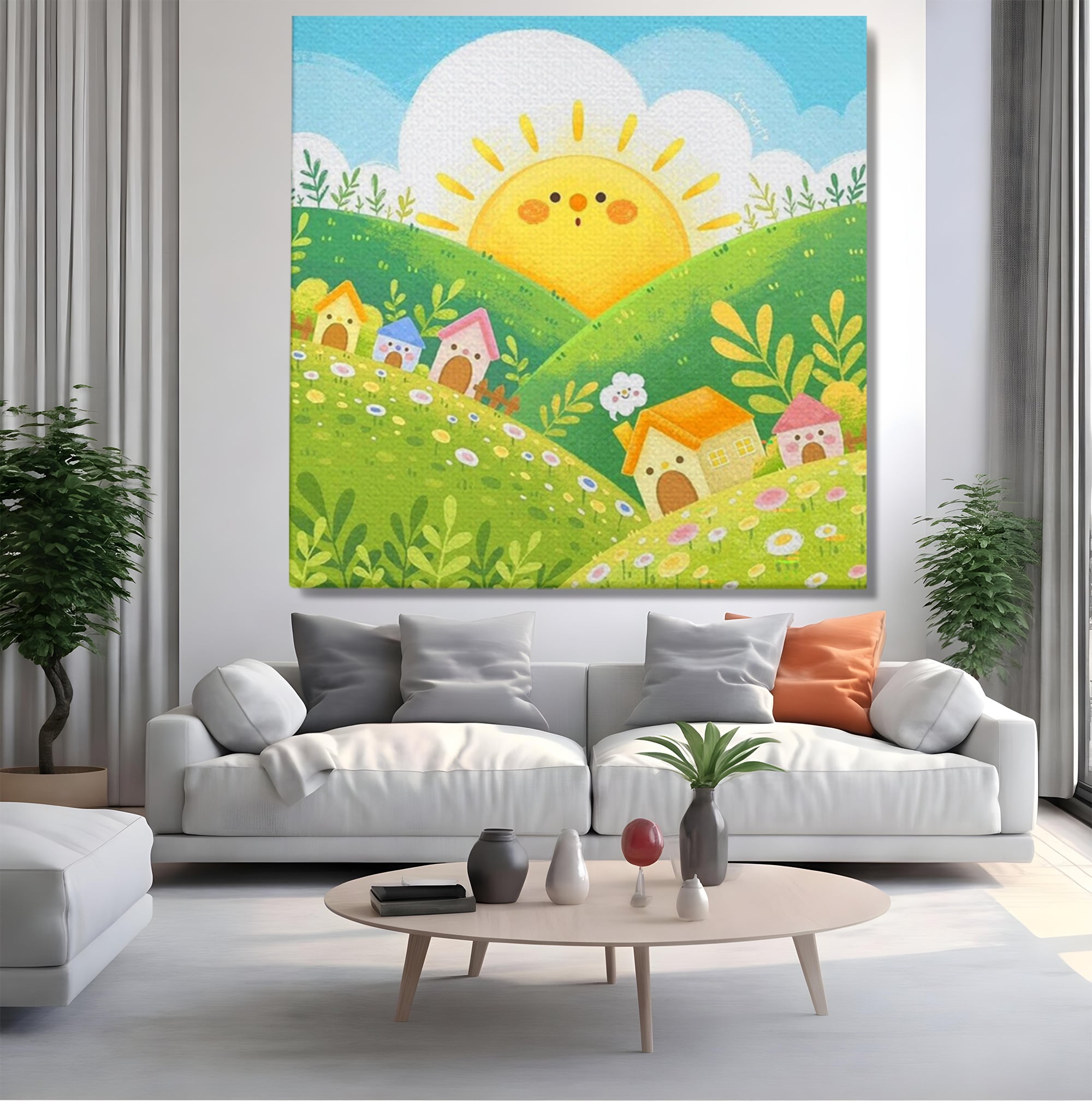 Tablou canvas cu ilustratie cu soare zambitor si casute, fara rama, pe sasiu de lemn, pe perete intr-un living